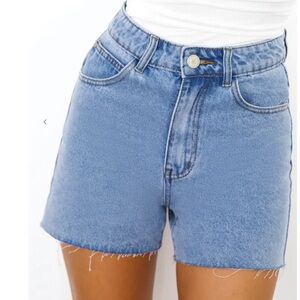Hello Molly Denim DNM HIGH RISE Waisted FRAYED DENIM Jean SHORTS MID BLUE